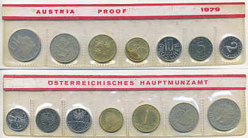 Австрия набор из 7 монет  1979  2, 5, 10, 50 грошей, 1, 5, 10 шиллингов, в целлофане KM PS 39 PROOF 4399-8-2