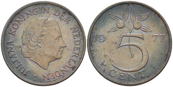 Нидерланды 5 центов 1977 Юлиана (1948-1980) KM 181 бронза 213-1137