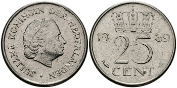 Нидерланды 25 центов 1969 Юлиана (1948-1980) KM 183 никель 96-213