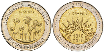 Аргентина 1 песо 2010 200 лет Аргентине - парк Эль-Палмар KM 156 биметалл UNC 4620-644