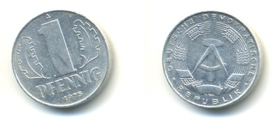 ГДР 1 ПФЕННИГ 1975 A KM 8.1 алюминий 4379-215