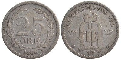 Швеция 25 эре 1885 EB, Оскар II (1872-1907) король Швеции и Норвегии KM 739 серебро 4179-819