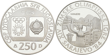Югославия 250 динаров 1982 XIV зимние Олимпийские игры в Сараево 1984 года, ВИД САРАЕВО KM 91 серебро PROOF 00-00