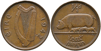 ИРЛАНДИЯ 1/2 ПЕННИ 1942 СВИНЬЯ С ПОРОСЯТАМИ KM 10 бронза 4525-1116