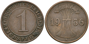 Германия 1 рейхспфенниг 1936 A KM 37, J. 313 бронза 4528-1069