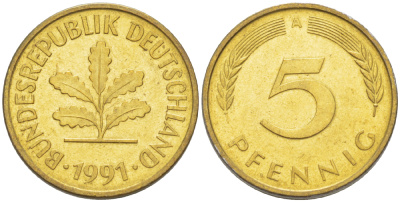 ФРГ 5 ПФЕННИГОВ 1991 A KM 107, J. 382 сталь плакированная латунью 4181-1036