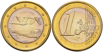 Финляндия 1 евро 2001 M, два лебедя в полете KM 104 биметалл UNC M57-10