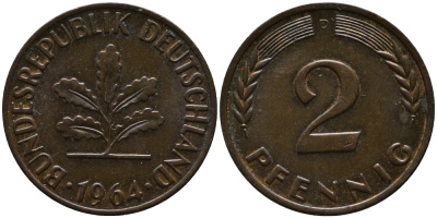 ФРГ 2 пфеннига 1964 D KM 106, J.381 бронза 99-137
