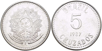Бразилия 5 крузадо 1987 реформа (1986-1989) KM 606 нержавеющая сталь 65-243