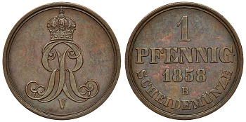 Ганновер 1 пфенниг 1858 B, Георг V KM 233, AKS 156, J. 90 медь 4594-536