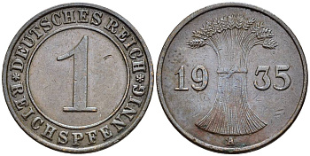 ГЕРМАНИЯ 1 РЕЙХСПФЕННИГ 1935 A KM 37, J. 313, Weege 2 бронза 4547-217