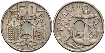 Испания 50 сентимо 1949 (56) Франко (1939-1975), морская атрибутика KM 777 медно-никель 4604-532