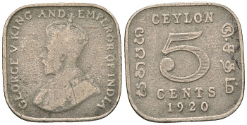Цейлон 5 центов 1920 Георг V (1910-1936) KM 108 медно-никель 4114-247