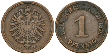Германия 1 пфенниг 1876 F KM 1, J. 1, Weege 1 медь 4547-967