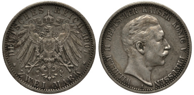 Пруссия 2 марки 1907 A, Вильгельм II (1888-1918) J.102, Weege 101, KM 522 серебро 3711-814