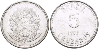 Бразилия 5 крузадо 1987 реформа (1986-1989) KM 606 нержавеющая сталь 65-243
