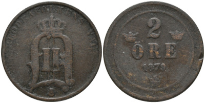 Швеция 2 эре 1879 Оскар II (1872-1907) король Швеции и Норвегии KM 746 бронза 190-1247