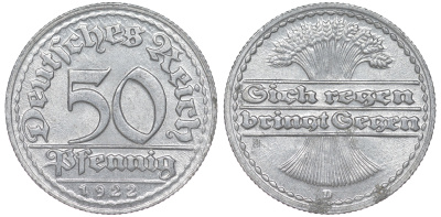 Германия 50 пфеннигов 1922 D KM 27, J. 301 алюминий 4159-956