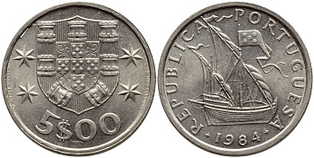 ПОРТУГАЛИЯ 5 ЭСКУДО 1984 ПАРУСНИК KM 591 медно-никель 4395-921