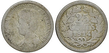 Нидерланды 25 центов 1914 Вильгельмина (1890-1948) KM 146  серебро 72-1713