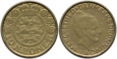 ДАНИЯ 10 КРОН 199Х LG; JP; A, МАРГРЕТЕ II (1972-) KM 877 алюминиевая бронза 113-851