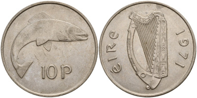 Ирландия 10 пенсов 1971 лосось KM 23 медно-никель 4140-322