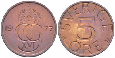 Швеция 5 эре 1977 U, Карл XVI Густав (1973- ) KM 849 бронза 3996-1024