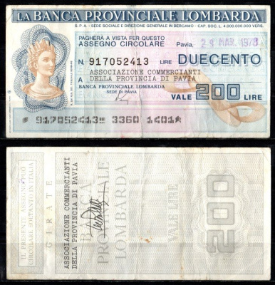 Италия чек 200 лир 1978 бумага 2198-17-2-2
