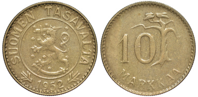 ФИНЛЯНДИЯ 10 МАРОК 1952 H, ПЕРВЫЙ ГОД ЧЕКАНА KM 38 алюминиевая бронза XF 3334-1011