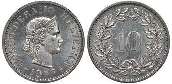 Швейцария 10 раппенов 1977 KM 27 медно-никель 4128-724