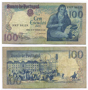 ПОРТУГАЛИЯ 100 ЭСКУДО 1981 24 ФЕВРАЛЯ 1981, МАНУЭЛЬ МАРИЯ БАРБОЗА ДУ БОГАЖЕ ПОРТУГАЛЬСКИЙ ПОЭТ, 19 ВЕК ПЛОЩАДЬ РОССИО В ЛИССАБОНЕ Pick 178b бумага 8595-20-3-1