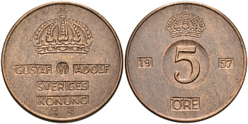 Швеция 5 эре 1957 Густав VI Адольф (1950-1973) KM 822 бронза 4526-415