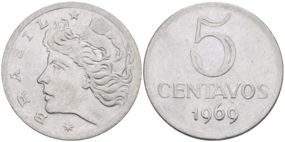 Бразилия 5 сентаво 1969  голова свободы влево KM 577.2, Schon 82a нержавеющая сталь 58-446