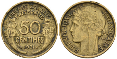 Франция 50 сантимов 1931 KM 894.1, Le Franc 192.15 алюминиевая бронза 4596-739