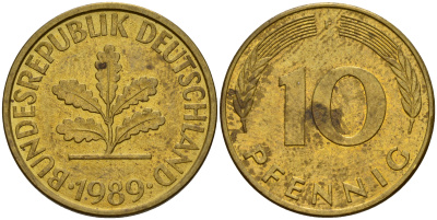 ФРГ 10 пфеннигов 1989 F J. 383, KM 108 сталь плакированная латунью    4603-621