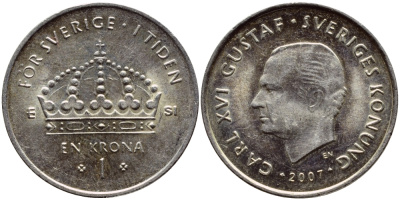 Швеция 1 крона 2007 Карл XVI Густав (1973- ) KM 894 медно-никель 176-412