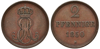 Ганновер 2 пфеннига 1850 B, Эрнст Август (1837-1851) KM 202.1, AKS 124, J. 75 медь 75-1937