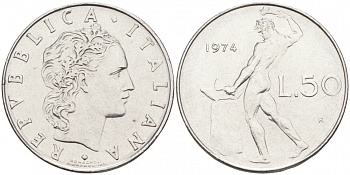 ИТАЛИЯ 50 ЛИР 1974 R КУЗНЕЦ KM 95.1 сталь 3996-832