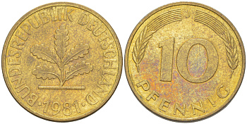 ФРГ 10 ПФЕННИГОВ 1981 J KM 108, J. 383 сталь плакированная латунью 4182-926