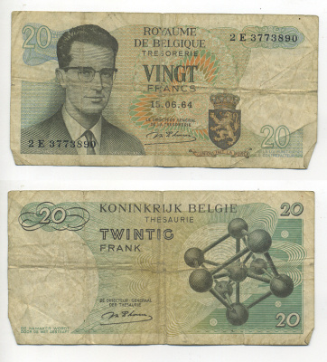 Бельгия 20 франков 1964 Бодуэн I, атомиум, d Haeze Pick 138 (1) бумага 6280-24-4-2