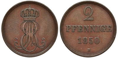 Ганновер 2 пфеннига 1850 B, Эрнст Август (1837-1851) KM 202.1, AKS 124, J. 75 медь 75-1937