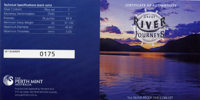 Тувалу набор из 5 монет 2010 великие реки мира, в оригинальной коробке, с сертификатом, цветная эмаль KM NEW серебро PROOF 14-01-02-04