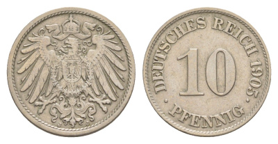 Германия 10 пфеннигов 1905 J, Вильгельм II (1888-1918) KM 12, J. 13 медно-никель 4640-262