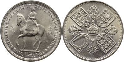 Великобритания 1 крона (5 шиллингов) 1953 коронация королевы Елизаветы, Елизавета II (1952-2022) Елизаветы KM 894, Spink 4136 медно-никель UNC 58-933