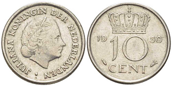 НИДЕРЛАНДЫ 10 ЦЕНТОВ 1950 ЮЛИАНА (1948-1980) KM 182 никель 214-1141