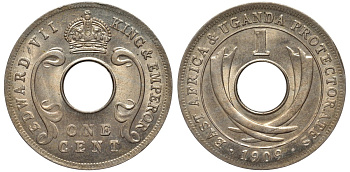 Британская Восточная Африка и Уганда 1 цент 1909 Эдуард VII (1902-1910) KM 5a медно-никель UNC 77-552