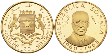 Сомали 20 шиллингов 1965 5-я годовщина независимости, тираж 6325 экземпляров KM 10  золото  PROOF  00-806-50