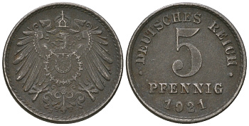 Германия 5 пфеннигов 1921 J KM 19, J. 297, Weege 5 железо 4615-1262