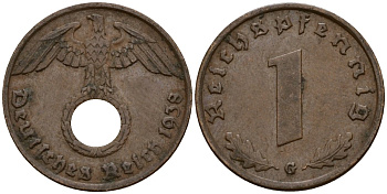 Германия 1 рейхспфенниг 1938 G KM 89, J. 361 бронза 4189-819