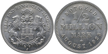 Гамбург 1/2 миллиона марок = 500000 марок 1923 Funck 636.2, Men18 13079.18 алюминий UNC 4599-511